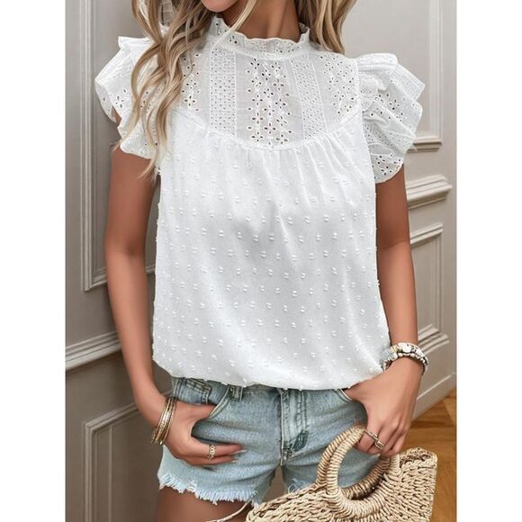 Everyday the Label Eyelet Swiss Dot Cap Sleeve Blouse Women White Blouses & - Picture 5 of 7